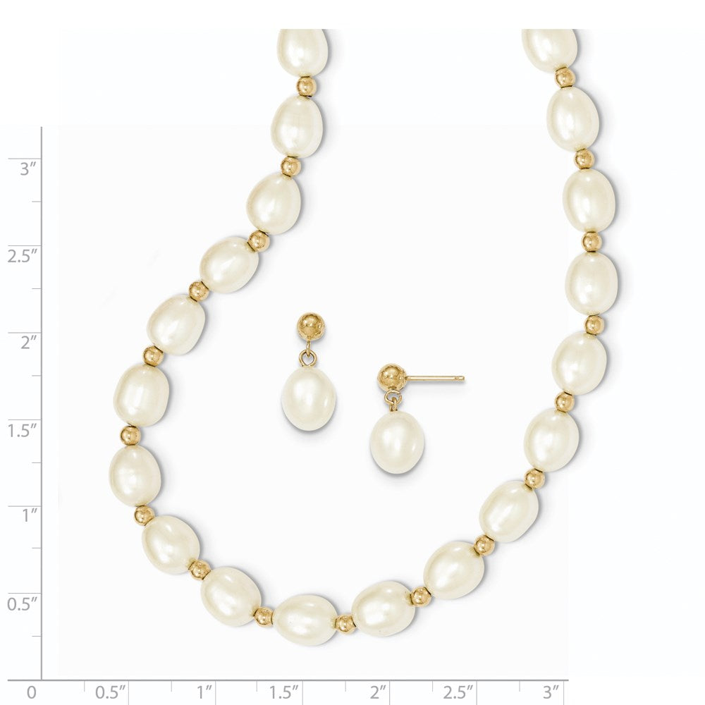 14k 7-8mm White FW Cultured Pearl Necklace and Bead Post Earring Set