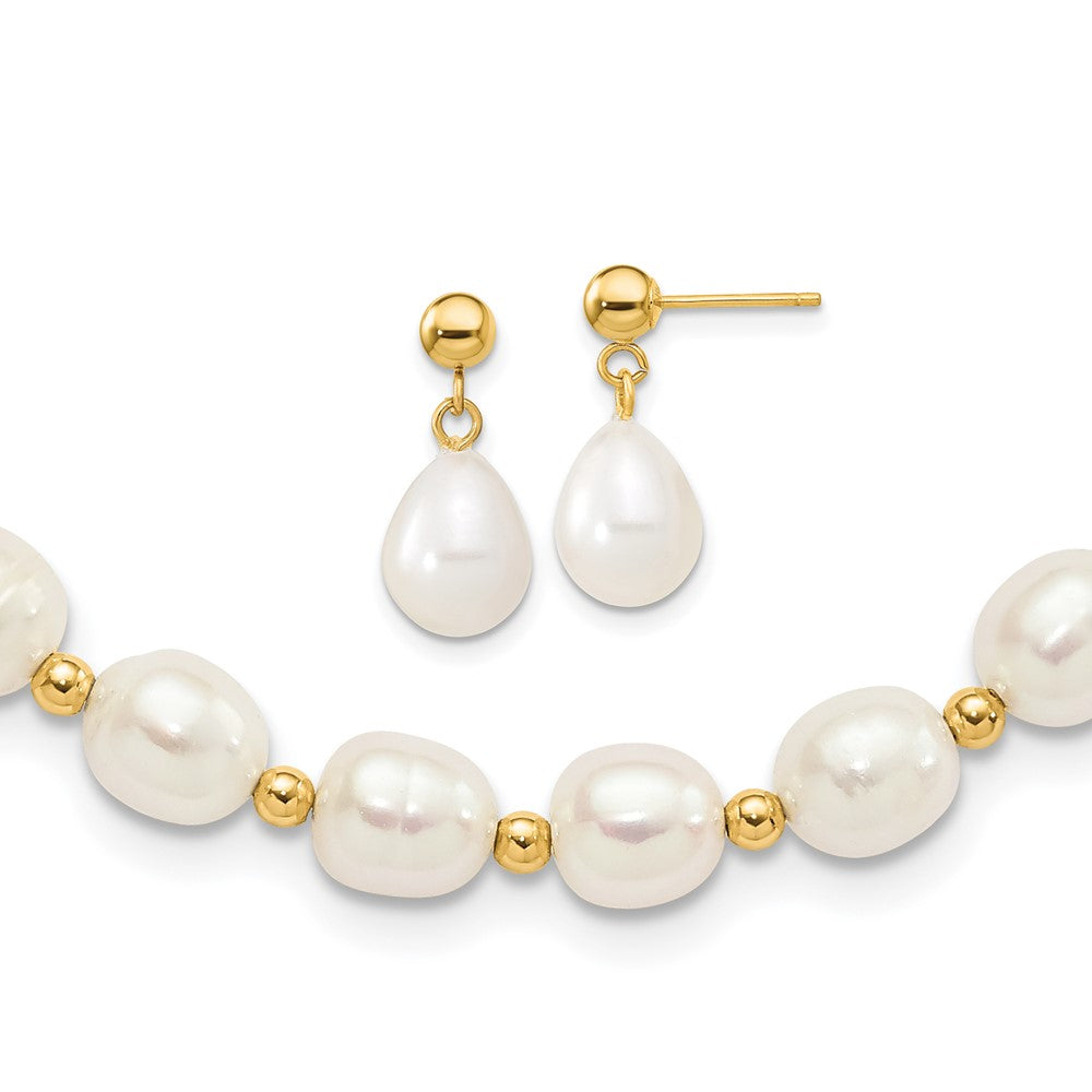 14k 7-8mm White FW Cultured Pearl Necklace and Bead Post Earring Set