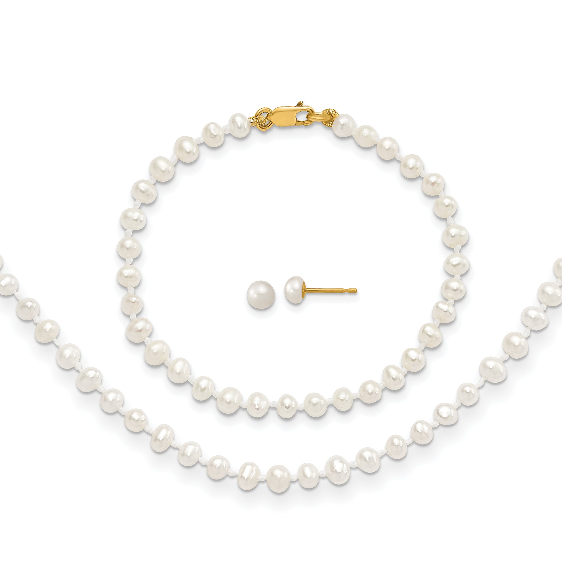 14k 3-4mm FW Cultured Pearl 14in Necklace, 5in. Bracelet & Earring Set