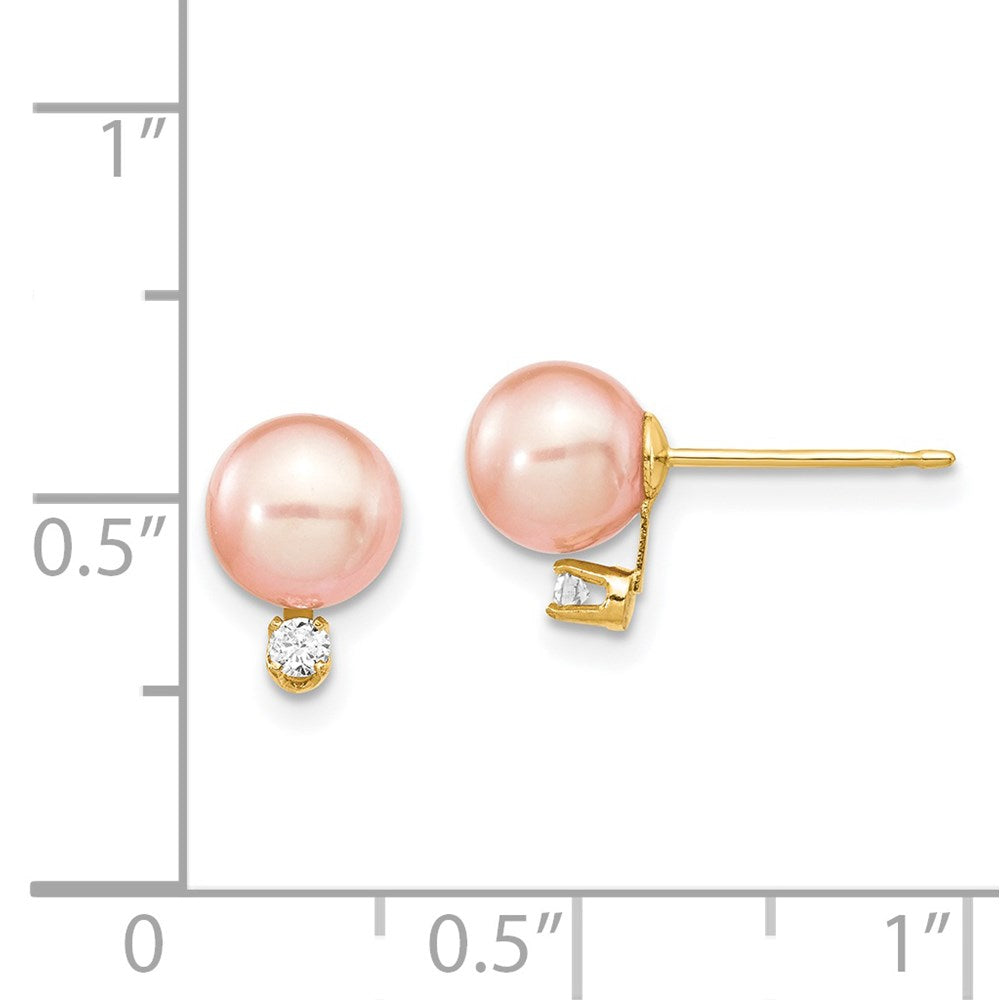 14k 6-7mm Pink Round Freshwater Cultured Pearl .06ct Diamond Post Earrings