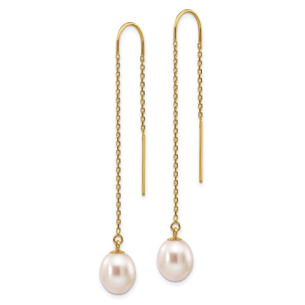 14k 7-8mm White Rice Freshwater Cultured Pearl Dangle Threader Earrings