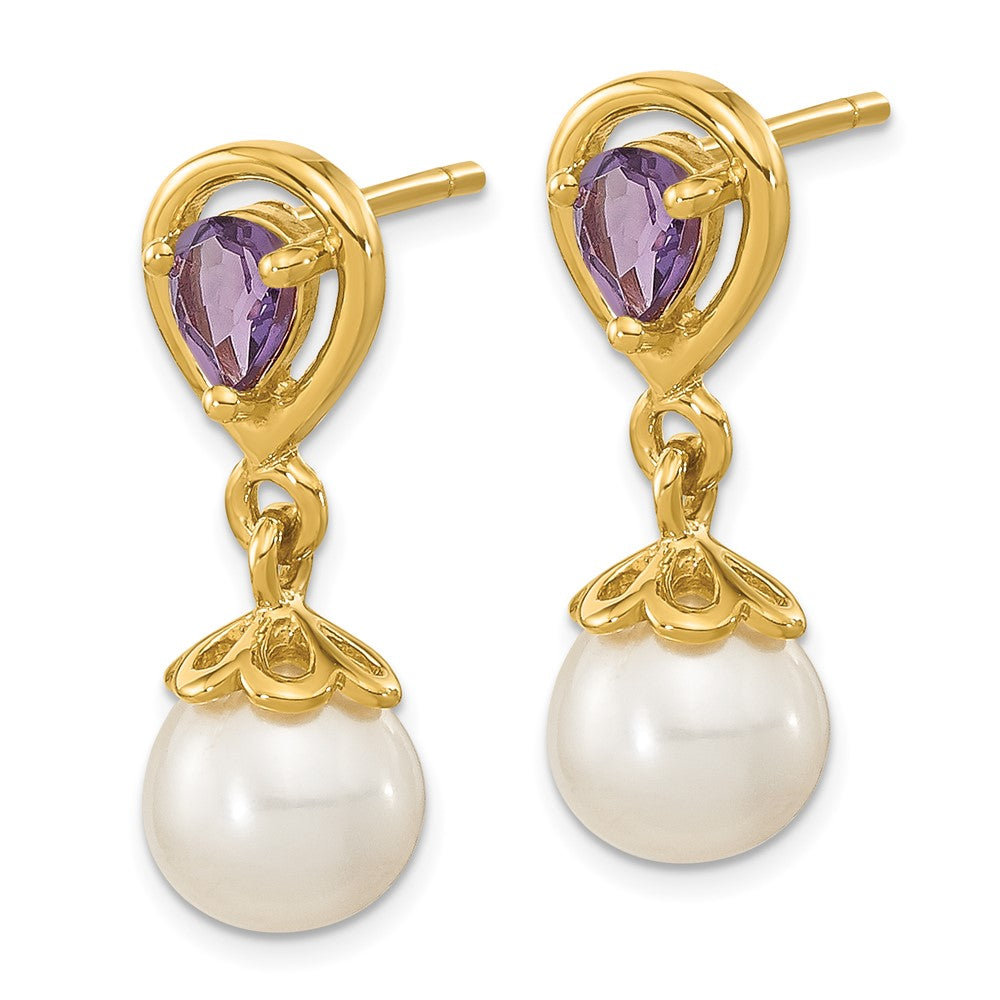 14K 6-7mm White Round FWC Pearl Amethyst Post Dangle Earrings