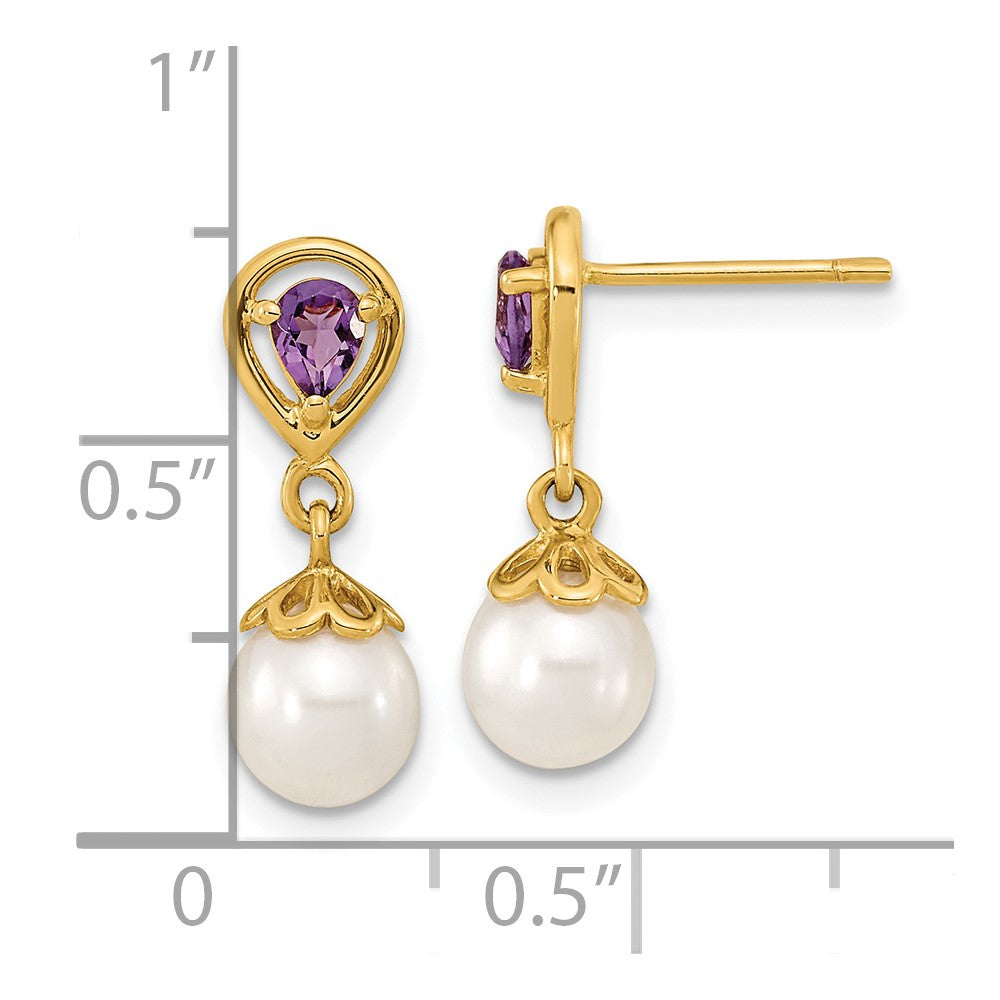 14K 6-7mm White Round FWC Pearl Amethyst Post Dangle Earrings