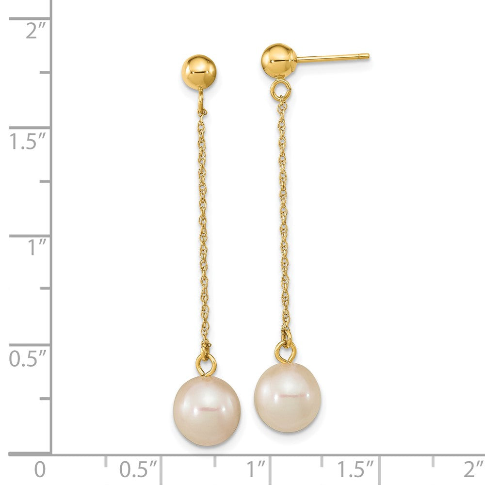 14k 7-8mm White Round Freshwater Cultured Pearl Dangle Post Earrings