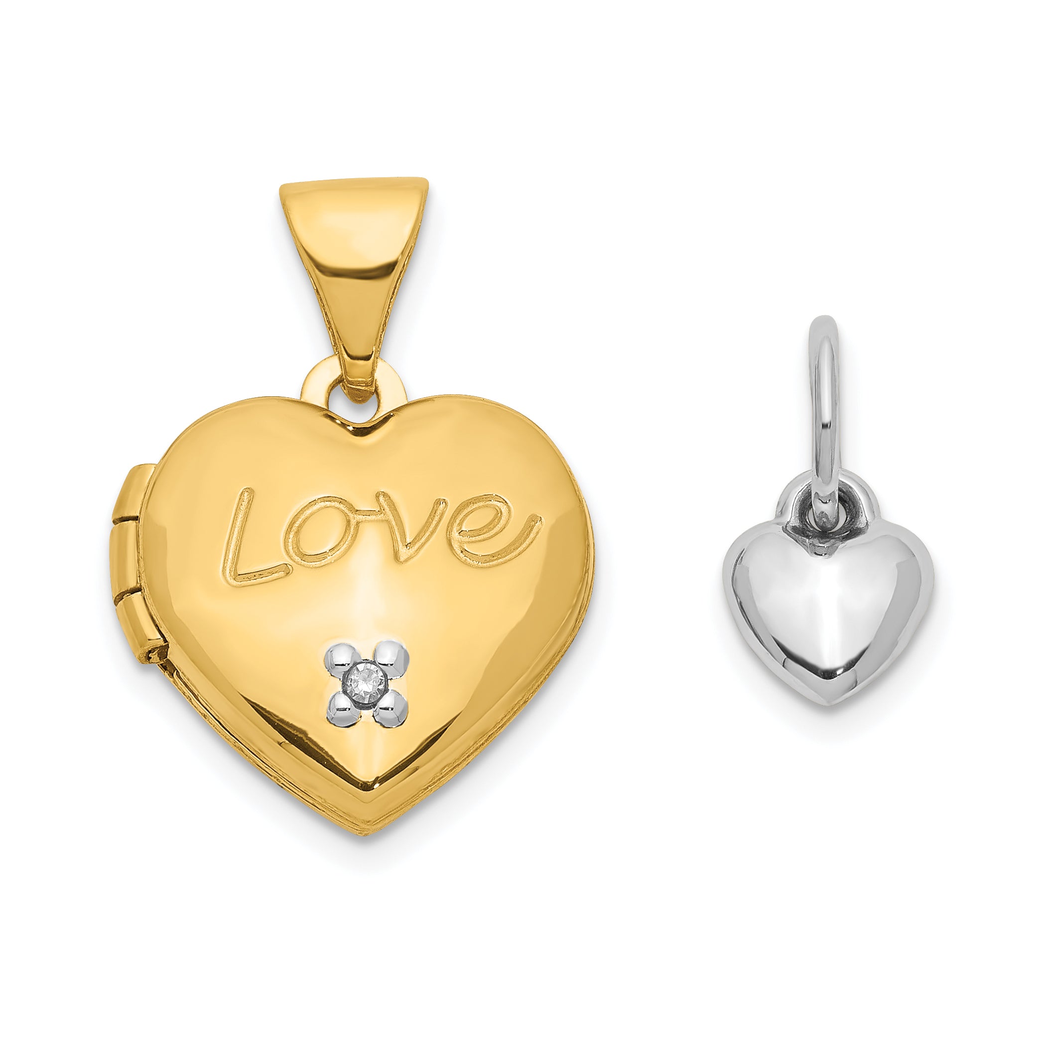 14k Two-tone 12mm Heart with Diamond Locket and Heart Charm XL635