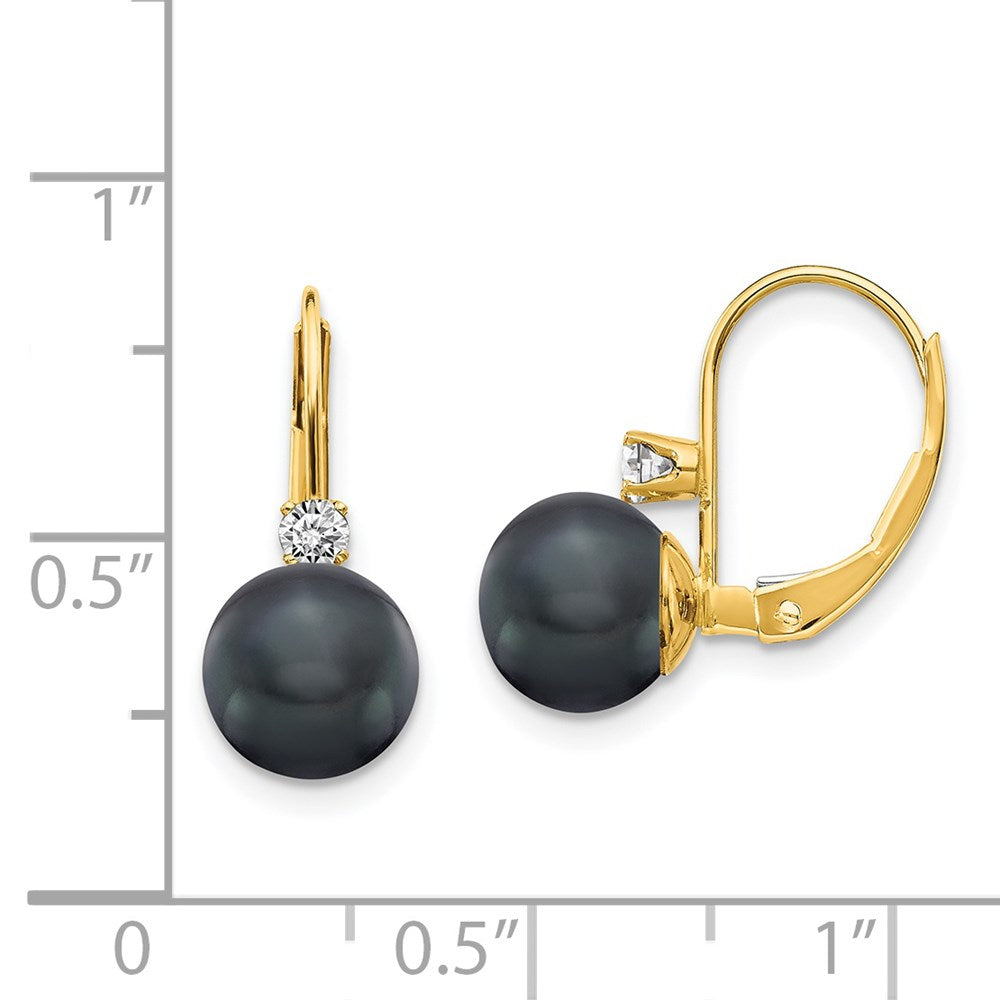 14k 7-8mm Black FW Cultured Pearl AA Diamond Leverback Earrings