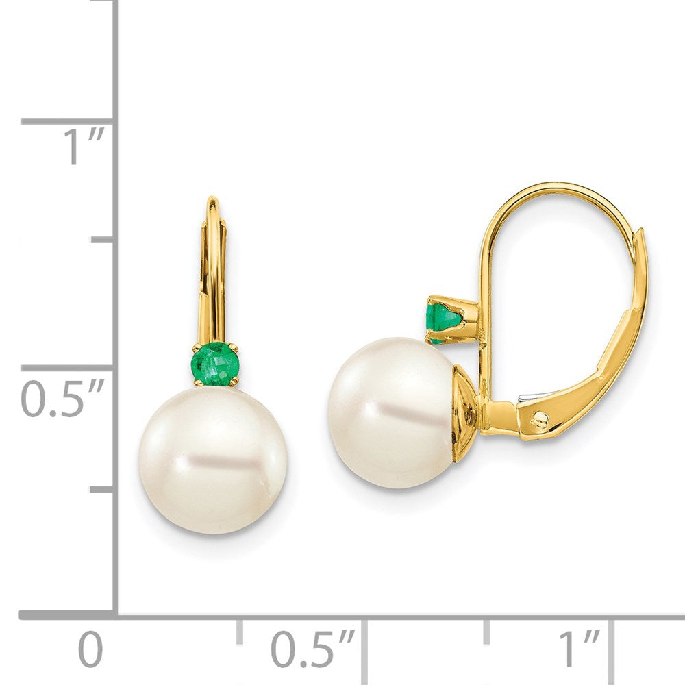 14k 7-7.5mm White Round FW Cultured Pearl Emerald Leverback Earrings