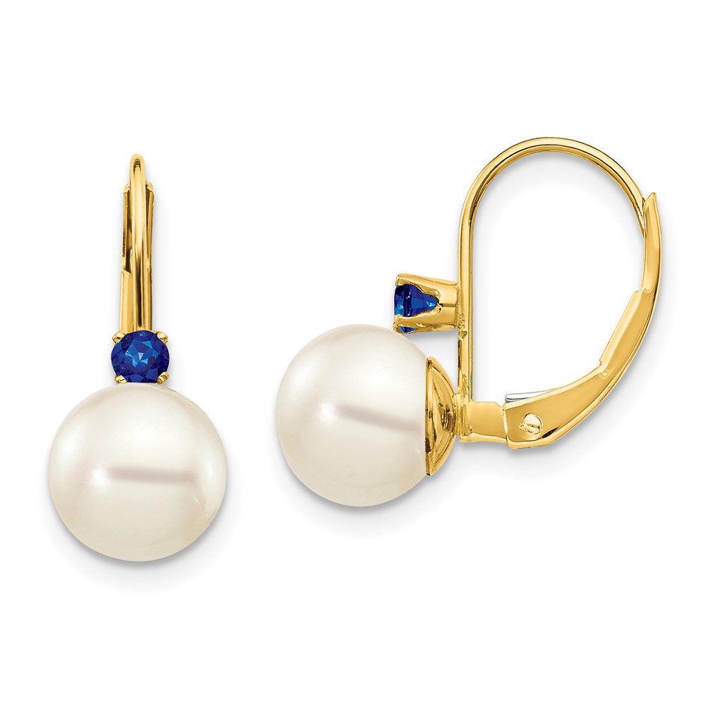 14k 7-7.5mm White Round FW Cultured Pearl Sapphire Leverback Earrings