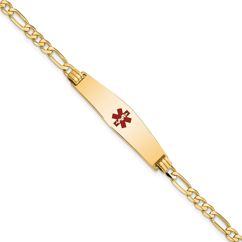 14K Medical Soft Diamond Shape Red Enamel Flat Figaro Link ID Bracelet