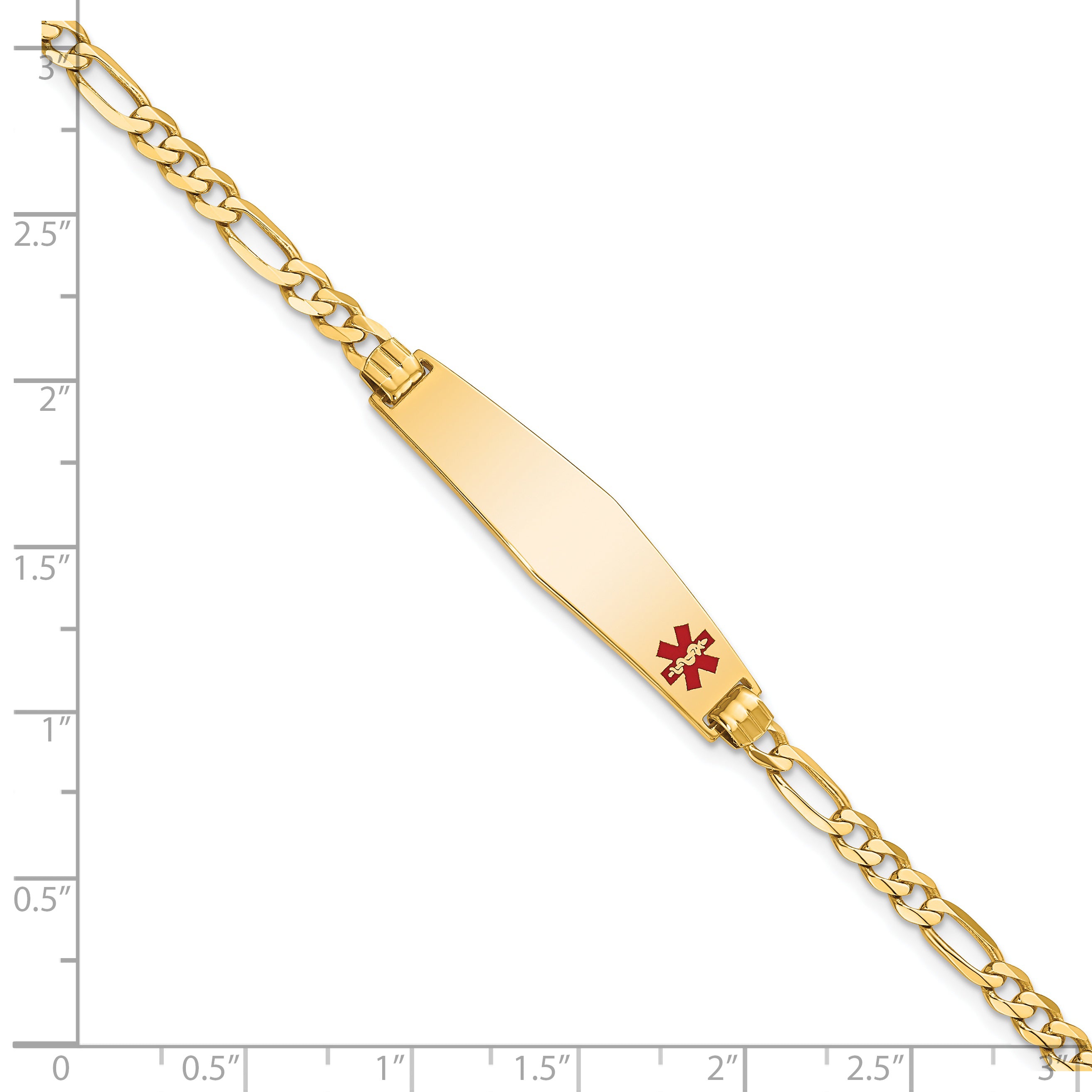 14K Medical Soft Diamond Shape Red Enamel Flat Figaro Link ID Bracelet