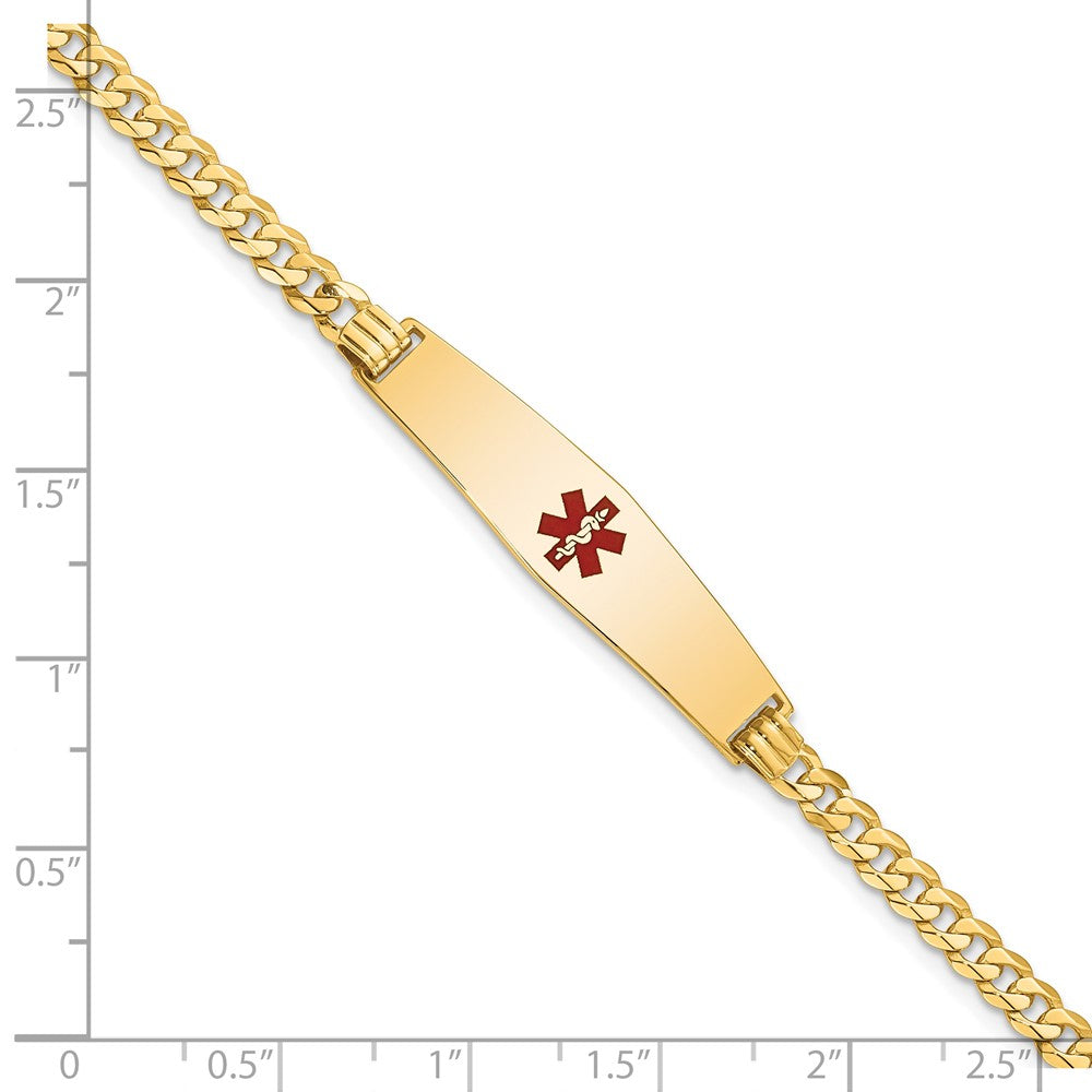 14K Medical Soft Diamond Shape Red Enamel Flat Curb Link ID Bracelet