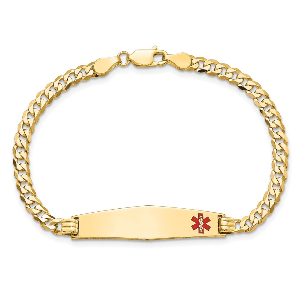 14K Medical Soft Diamond Shape Red Enamel Flat Curb Link ID Bracelet