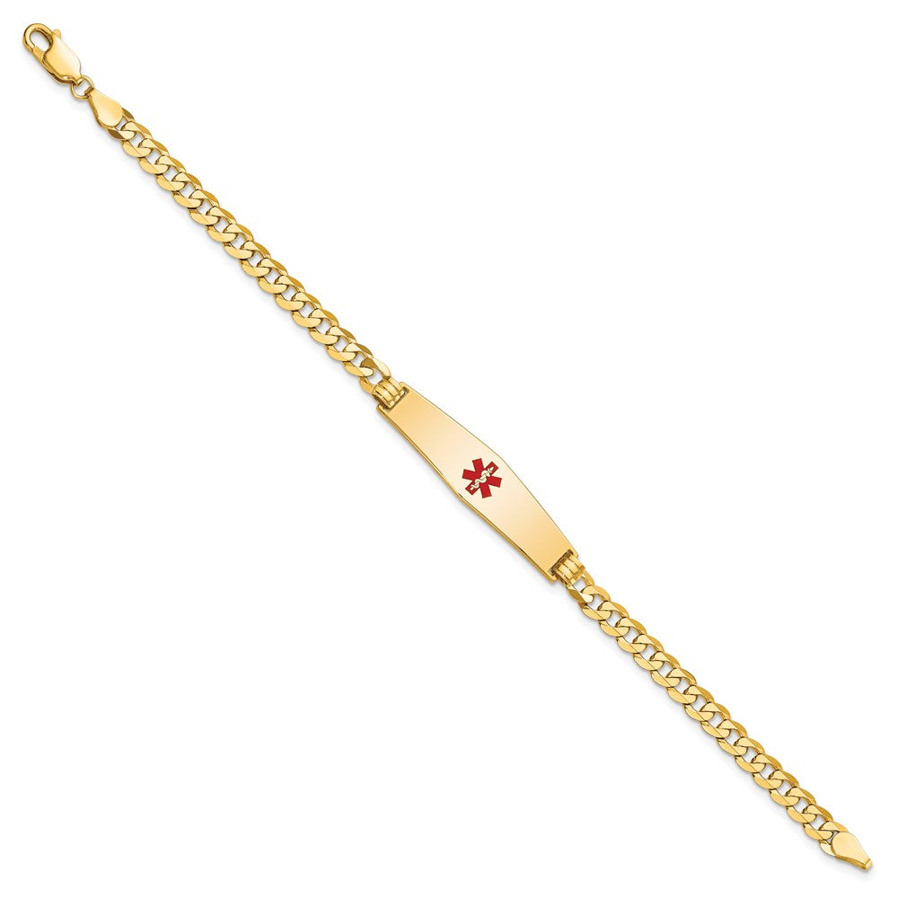 14K Medical Soft Diamond Shape Red Enamel Flat Curb Link ID Bracelet