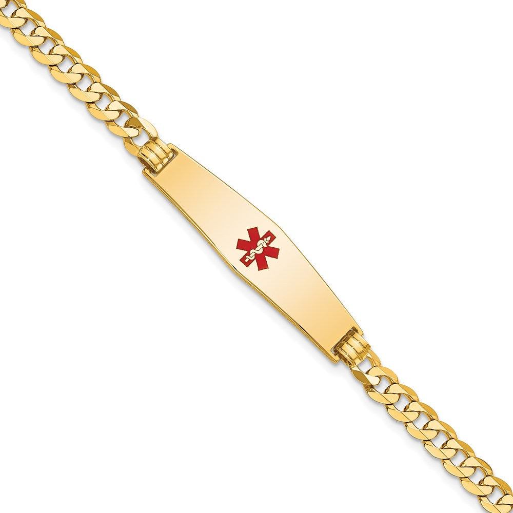 14K Medical Soft Diamond Shape Red Enamel Flat Curb Link ID Bracelet