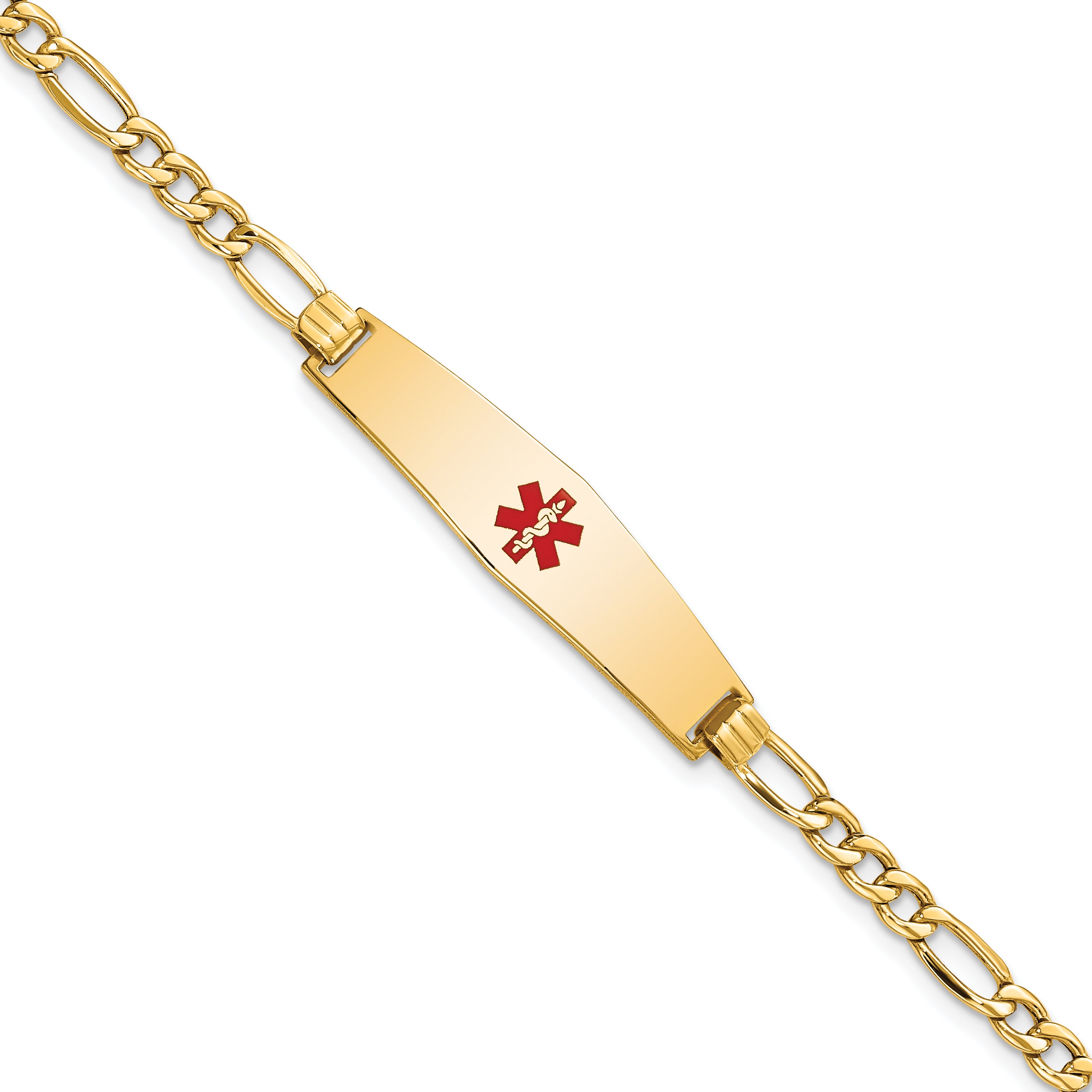 14K Semi-solid Medical Soft Diamond Shape Red Enamel Figaro ID Bracelet