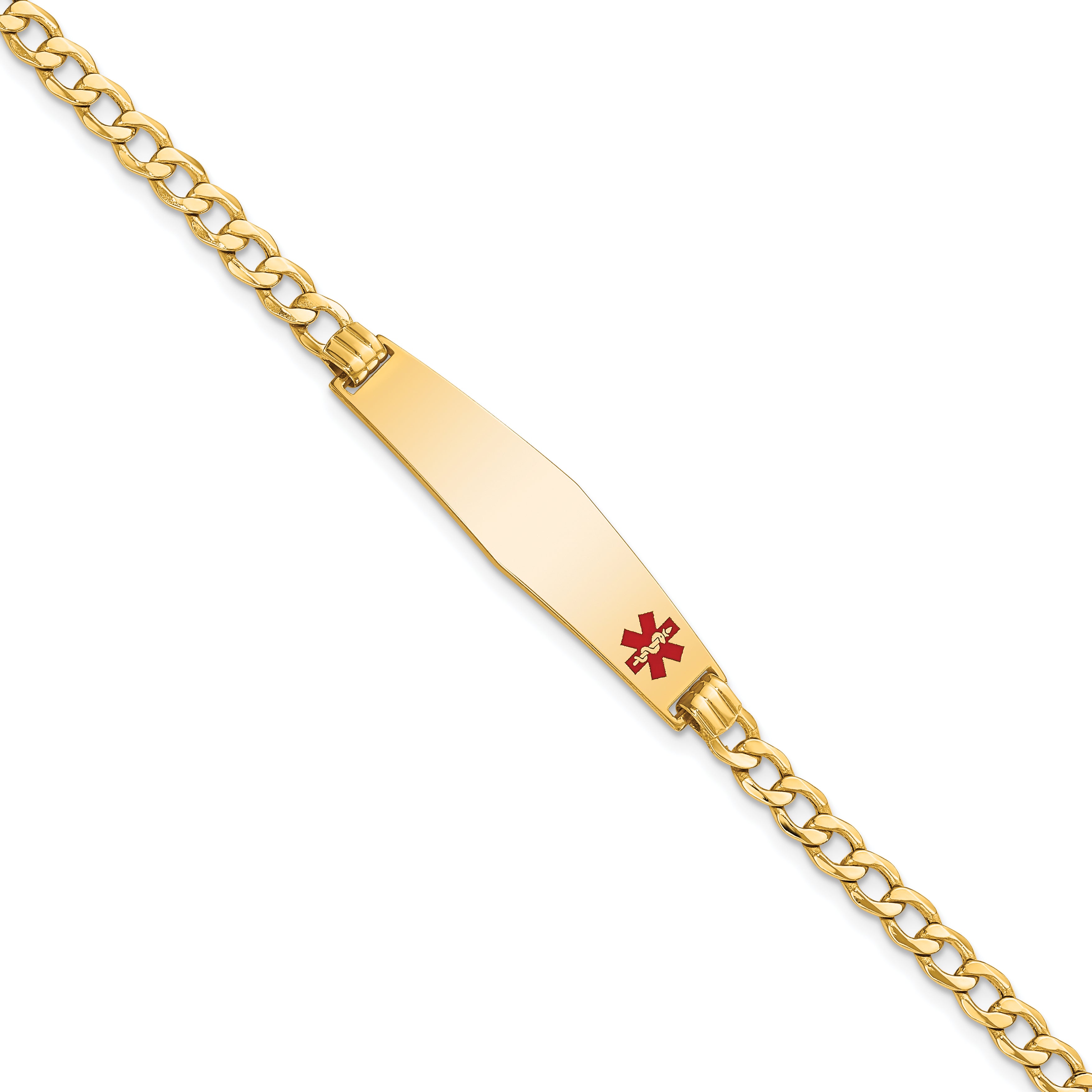 14K Semi-solid Medical Soft Diamond Shape Red Enamel Curb Link ID Bracelet