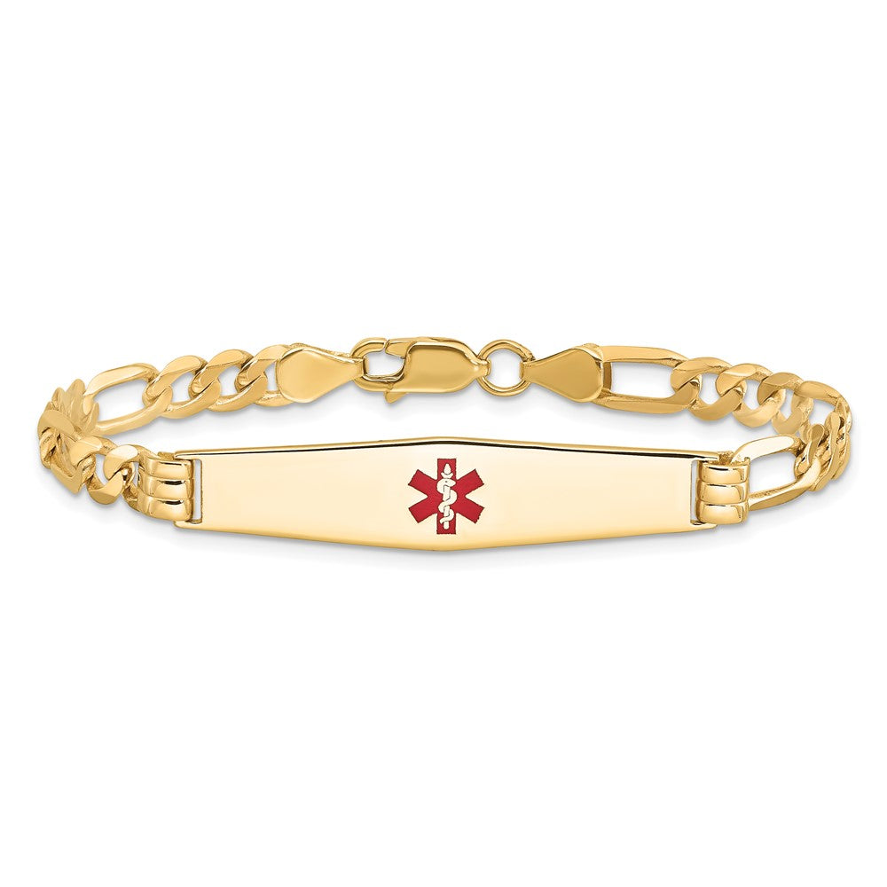 14K Medical Soft Diamond Shape Red Enamel Flat Figaro Link ID Bracelet