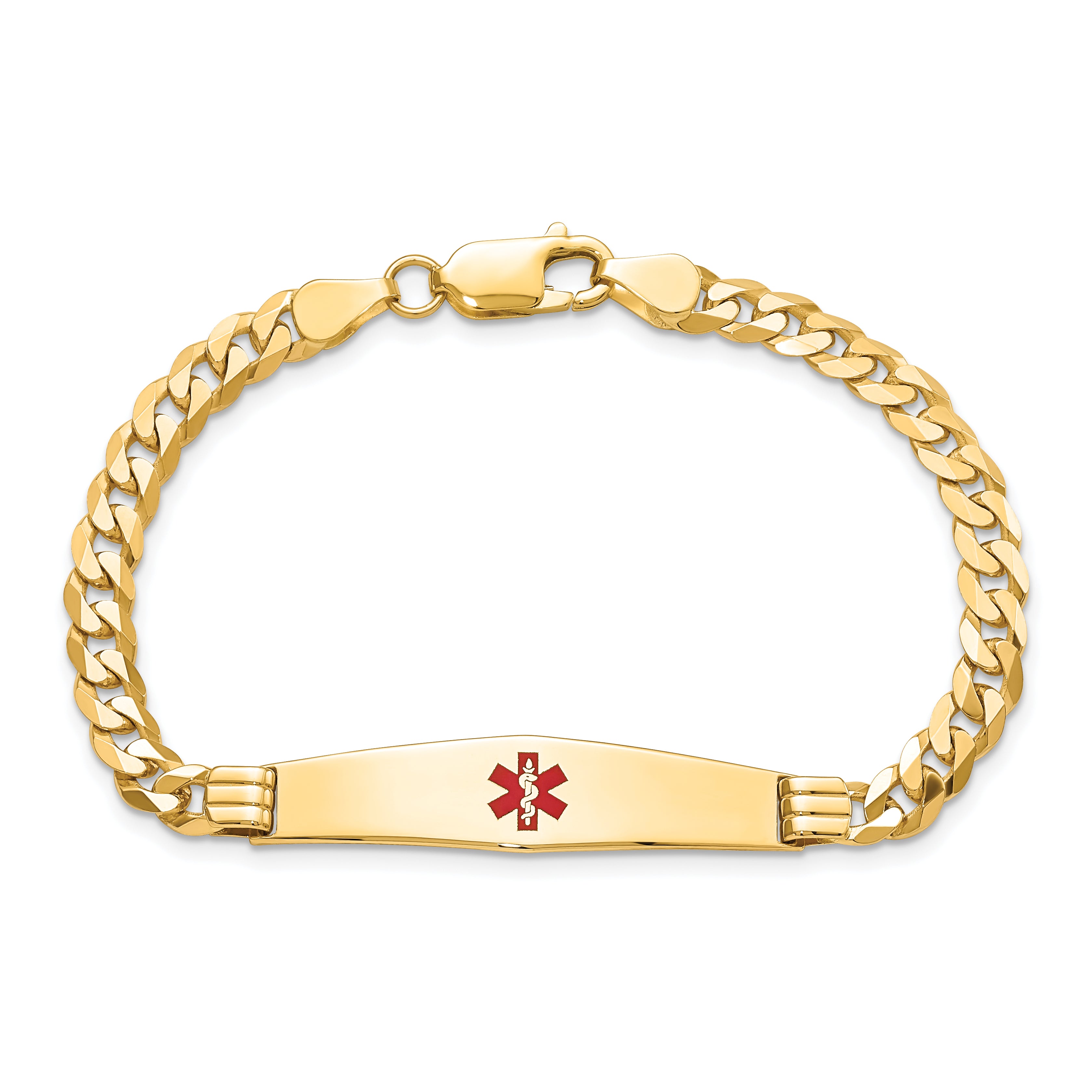 14K Medical Soft Diamond Shape Red Enamel Curb Link ID Bracelet