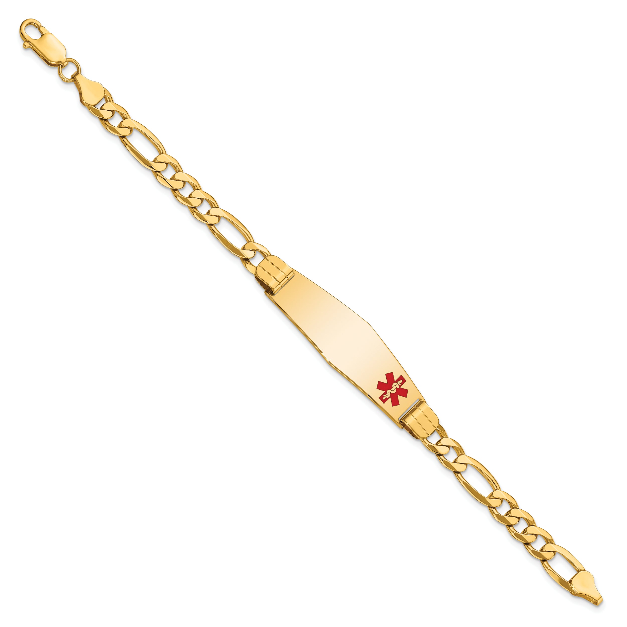 14K Medical Soft Diamond Shape Red Enamel Flat Figaro Link ID Bracelet