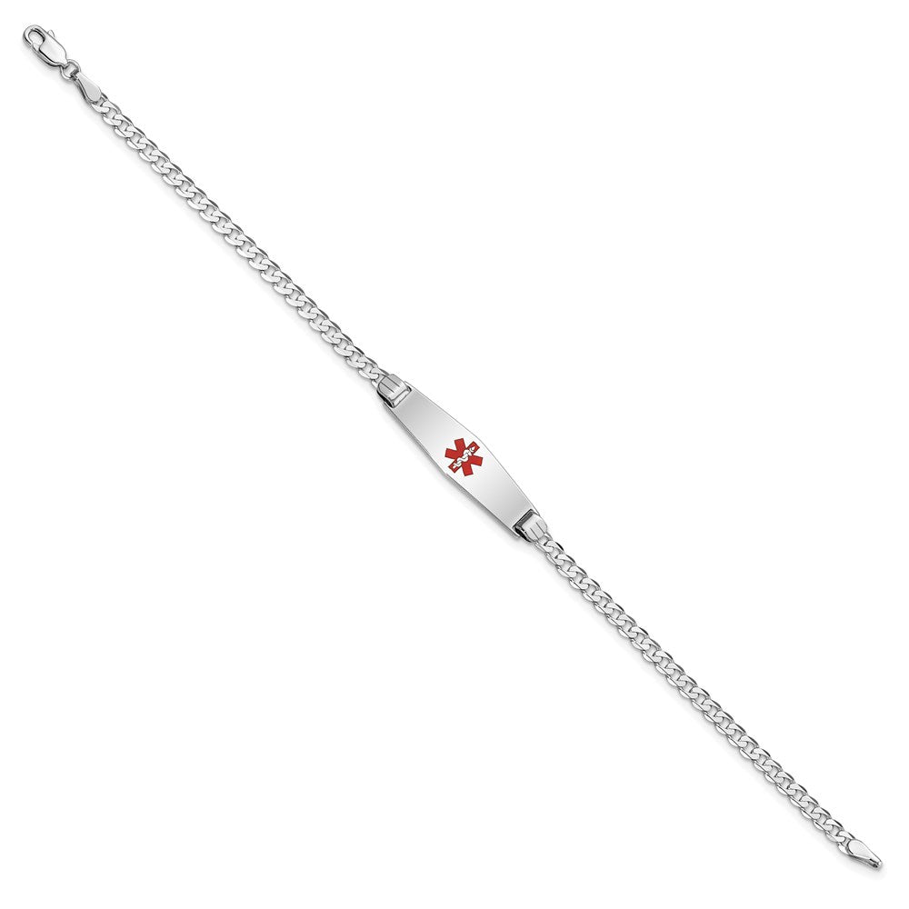 14K WG Medical Soft Diamond Shape Red Enamel Flat Curb Link ID Bracelet