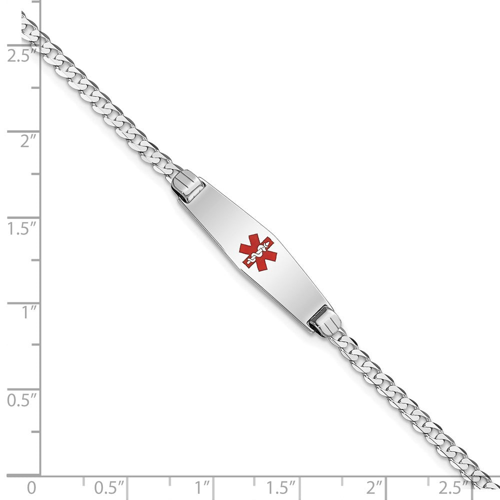 14K WG Medical Soft Diamond Shape Red Enamel Flat Curb Link ID Bracelet