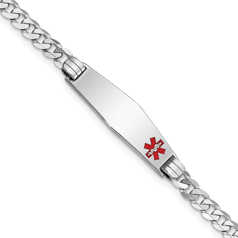 14K WG Medical Soft Diamond Shape Red Enamel Flat Curb Link ID Bracelet