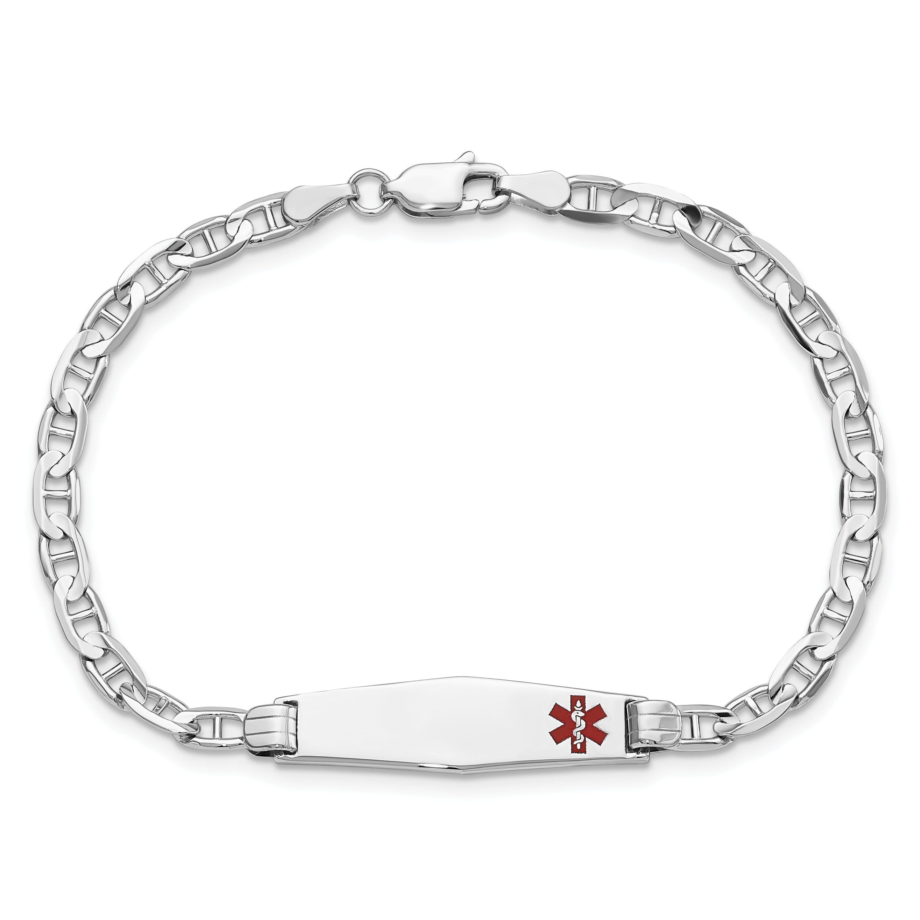 14K WG Medical Soft Diamond Shape Red Enamel Anchor Link ID Bracelet