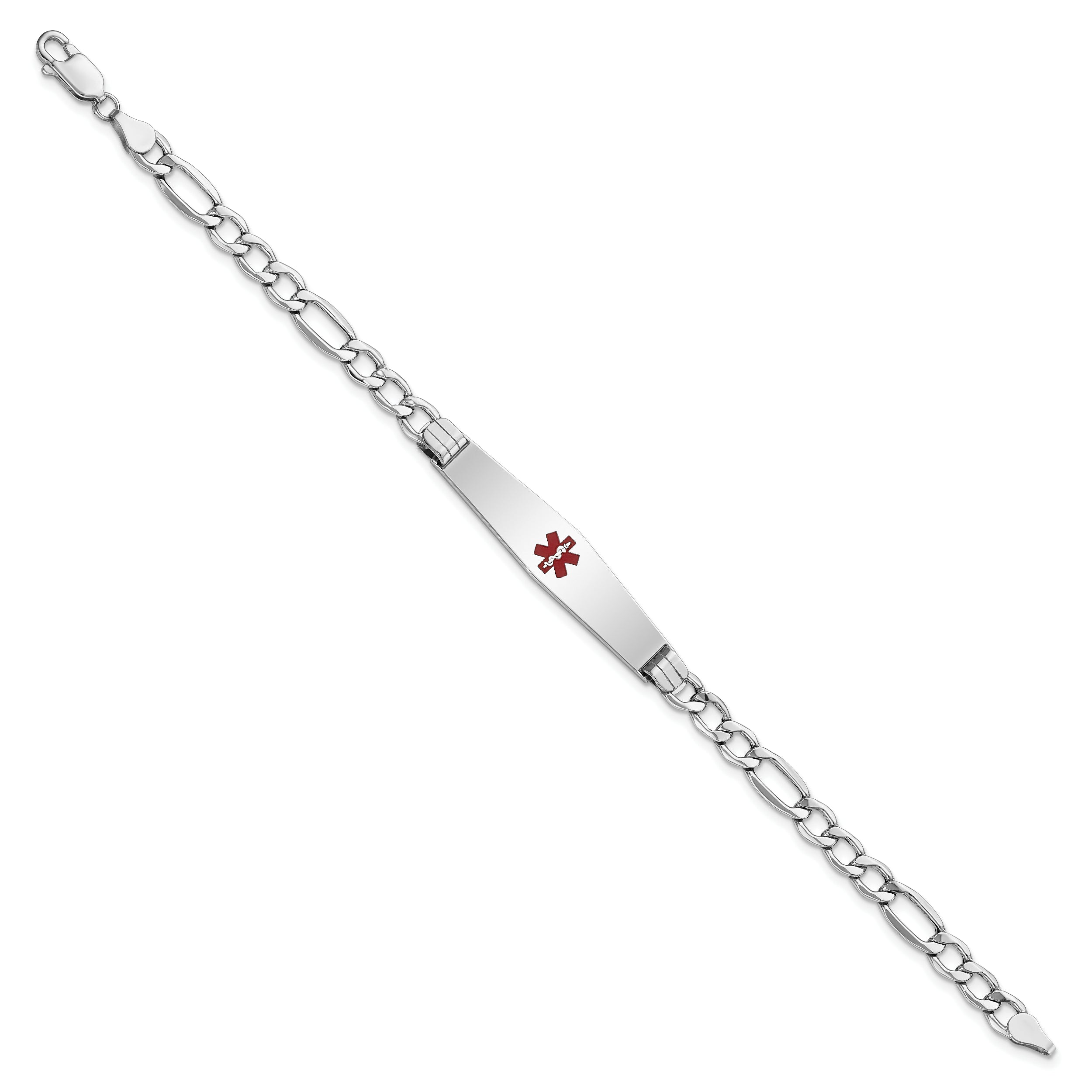 14K WG Semi-Solid Medical Soft Diamond Shape Red Enamel Figaro ID Bracelet