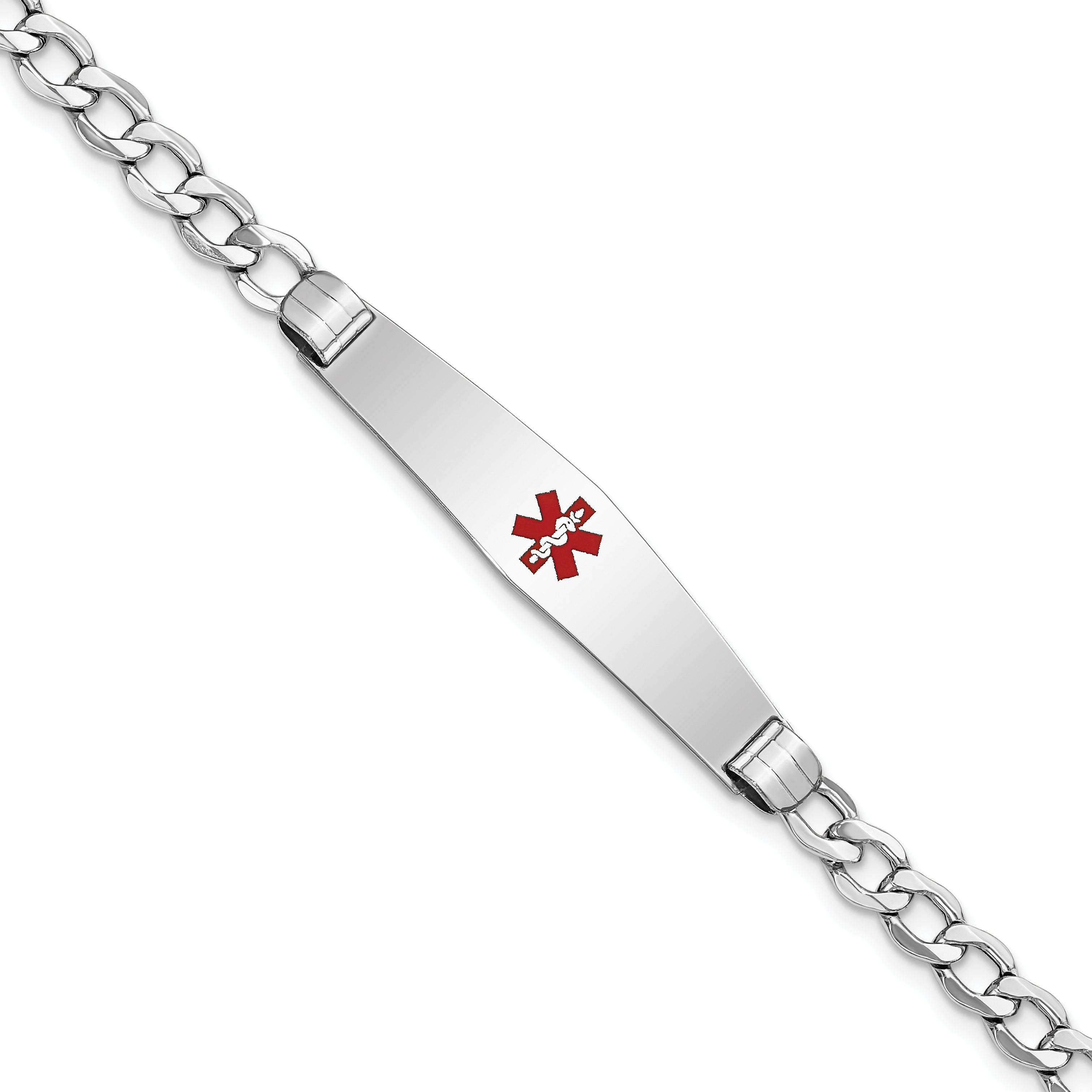 14K WG Semi-Solid Medical Soft Diamond Shape Red Enamel Curb ID Bracelet