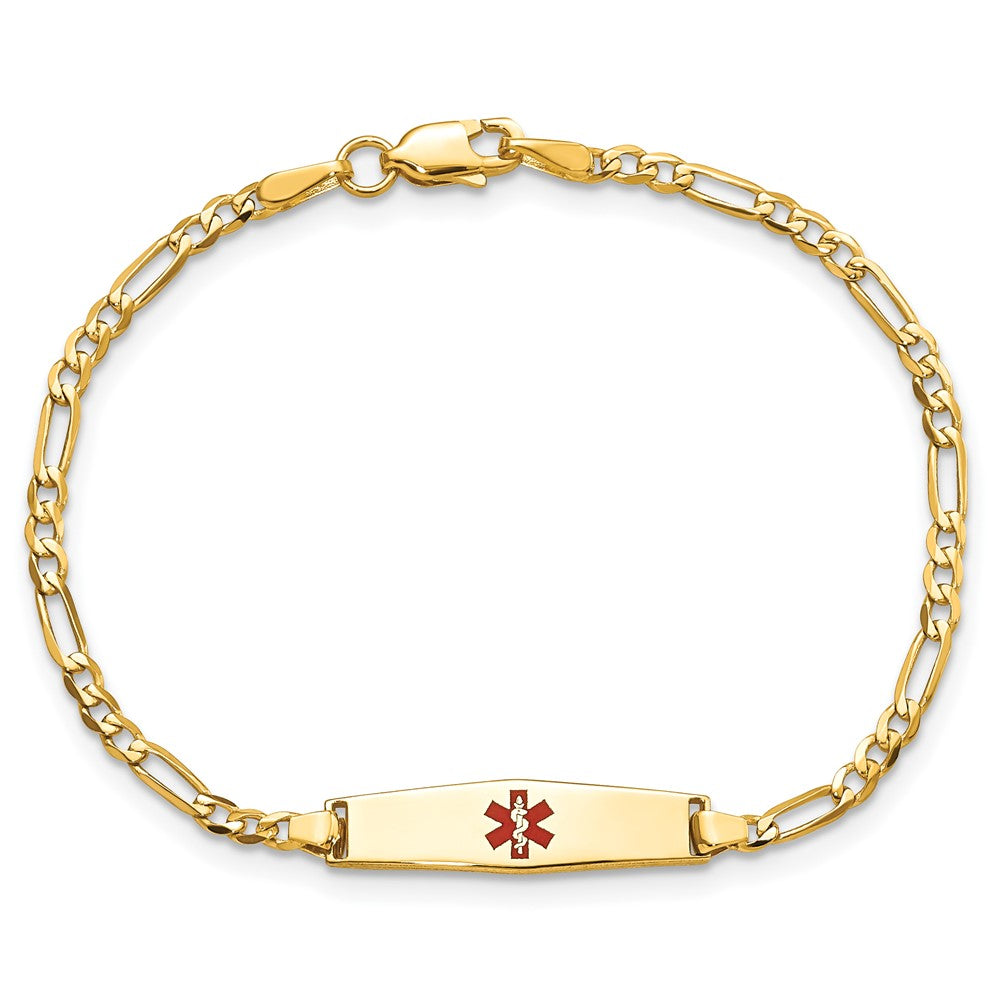 14k Medical Soft Diamond Shape Red Enamel Figaro ID Bracelet