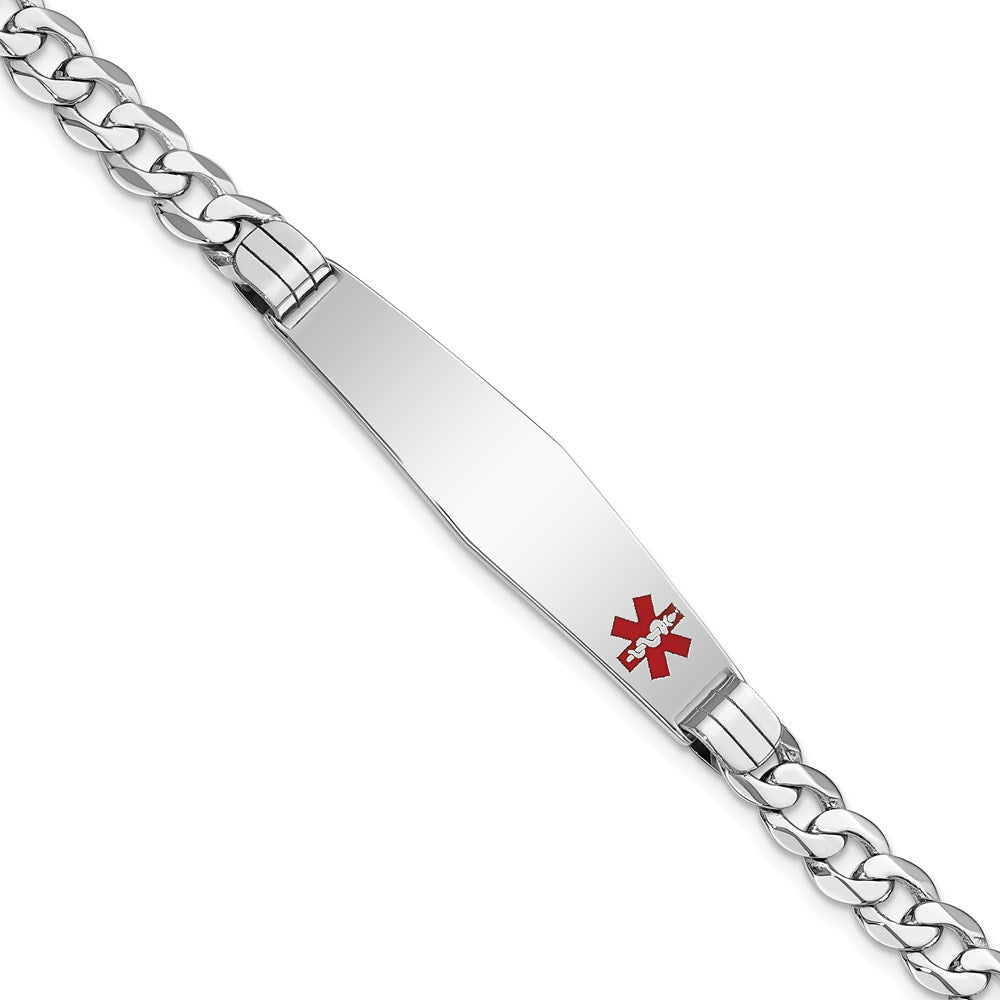 14K WG Medical Soft Diamond Shape Red Enamel Flat Curb Link ID Bracelet