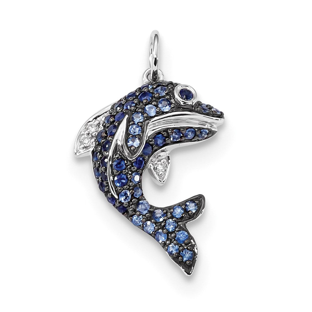 14k White Gold Diamond and Blue Sapphire Dolphin Pendant