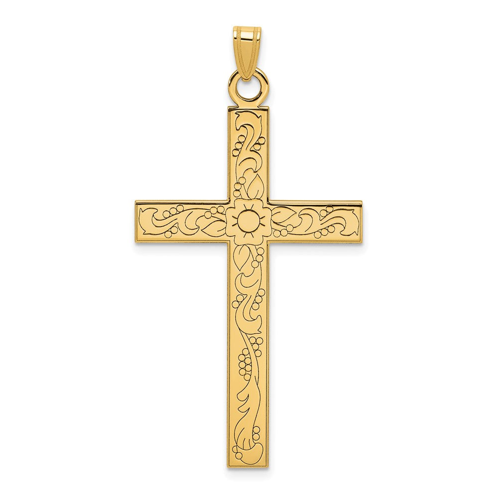 14k Etched Floral Design Cross Pendant