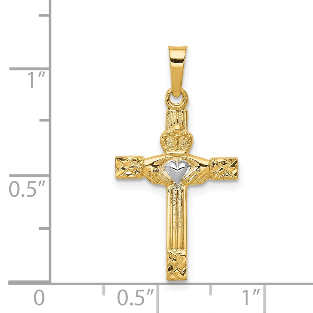 14k and Rhodium Polished Claddagh Cross Pendant