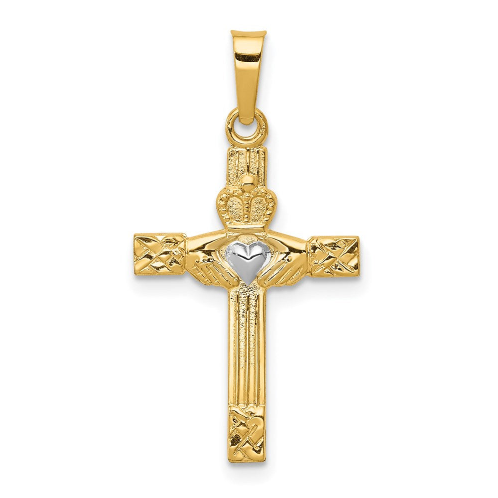 14k and Rhodium Polished Claddagh Cross Pendant