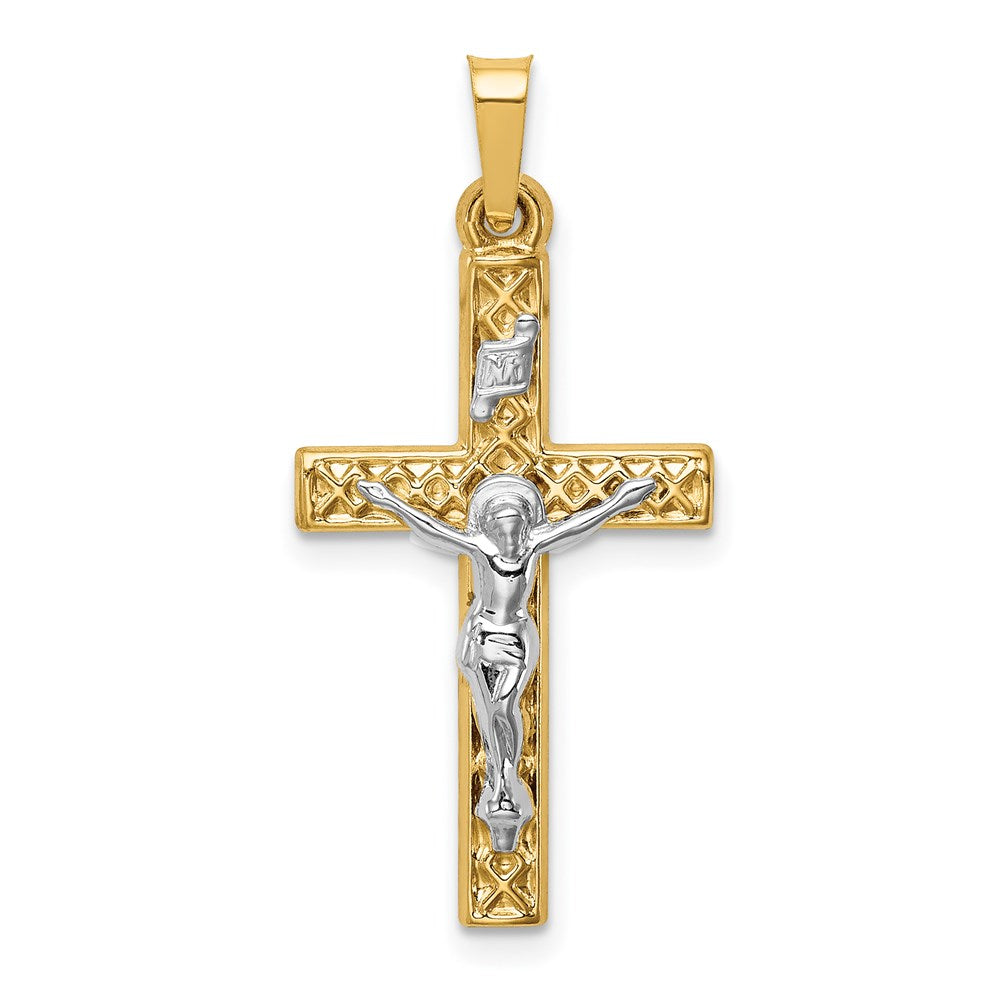 14k Two-tone Polished Lattice Textured INRI Crucifix Pendant