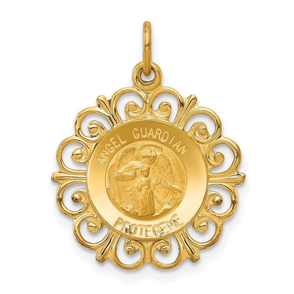 14k Polished/Satin Spanish Guardian Angel Medal Hollow Pendant