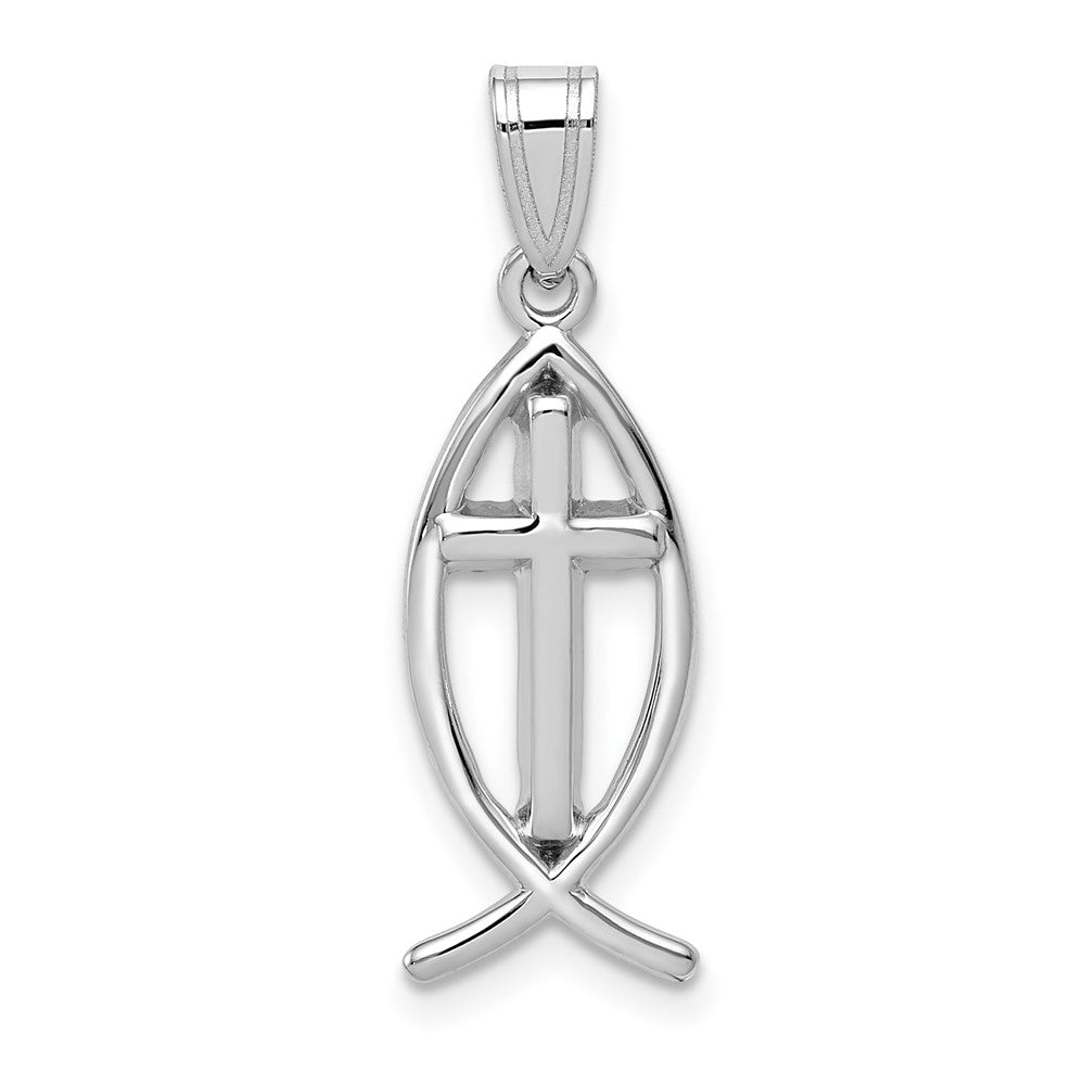 14k White Gold Cross Ichthus Fish Pendant