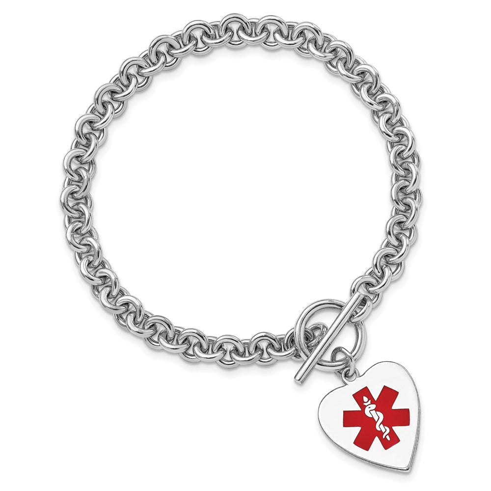 Sterling Silver RH-pltd Engraveable Enamel Heart Medical ID Bracelet