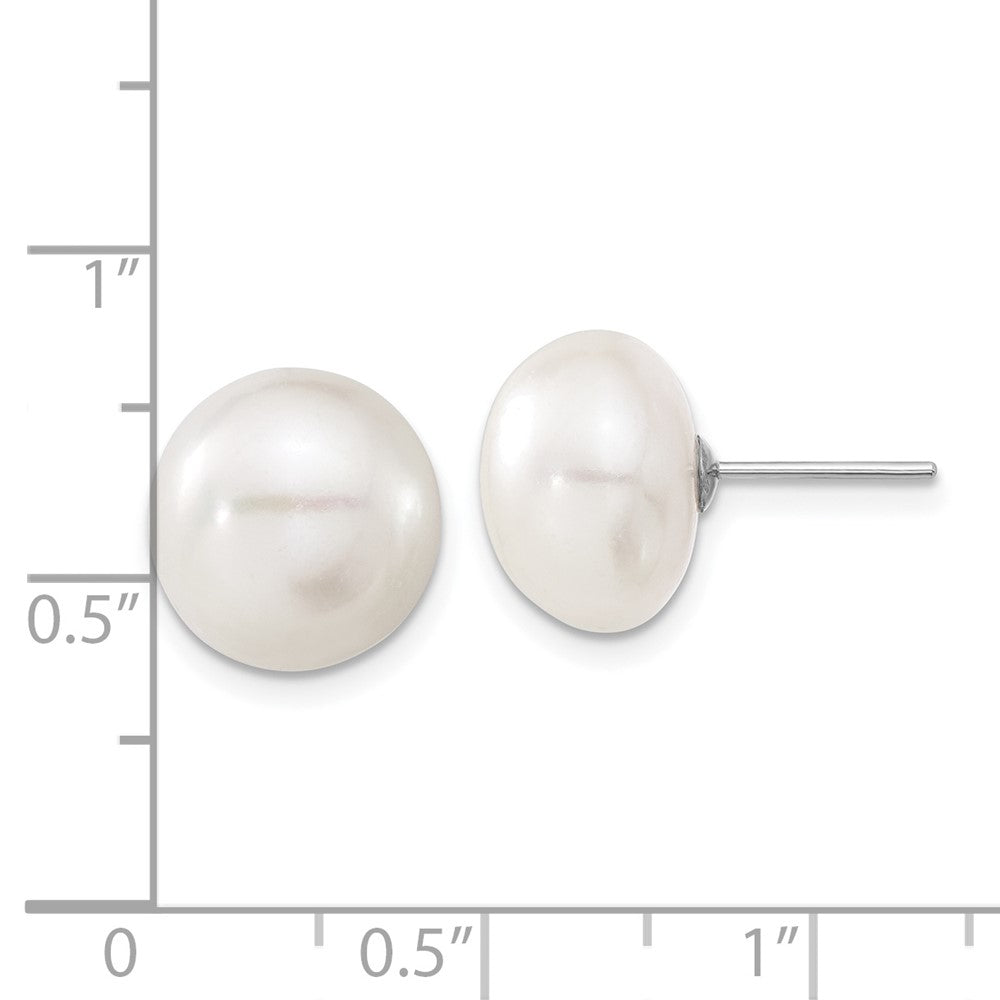 14k White Gold 11-12mm White Button FW Cultured Pearl Stud Post Earrings