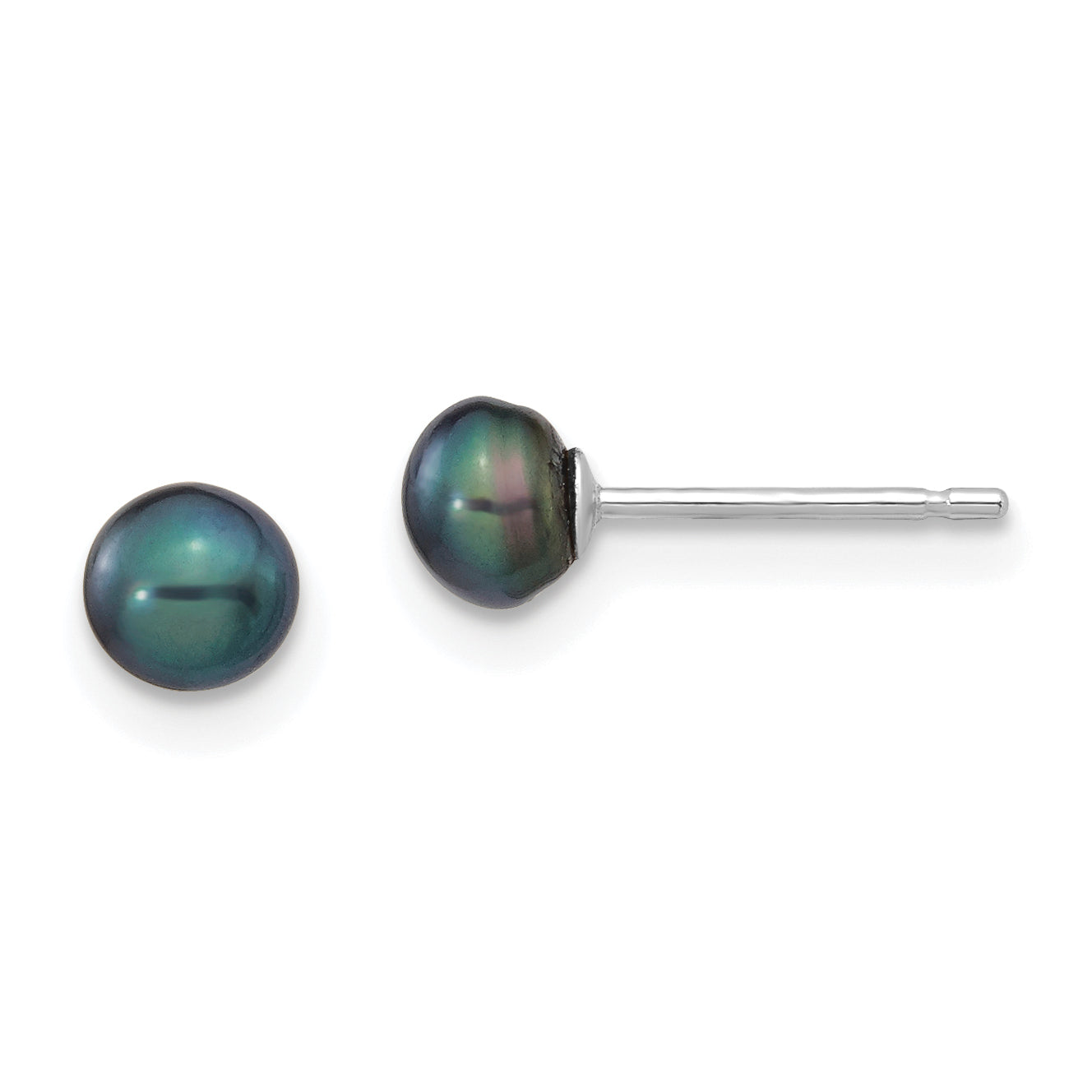 14k White Gold 4-5mm Black Button FW Cultured Pearl Stud Post Earrings