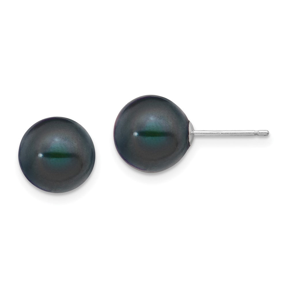 14k White Gold 9-10mm Black Round FW Cultured Pearl Stud Post Earrings