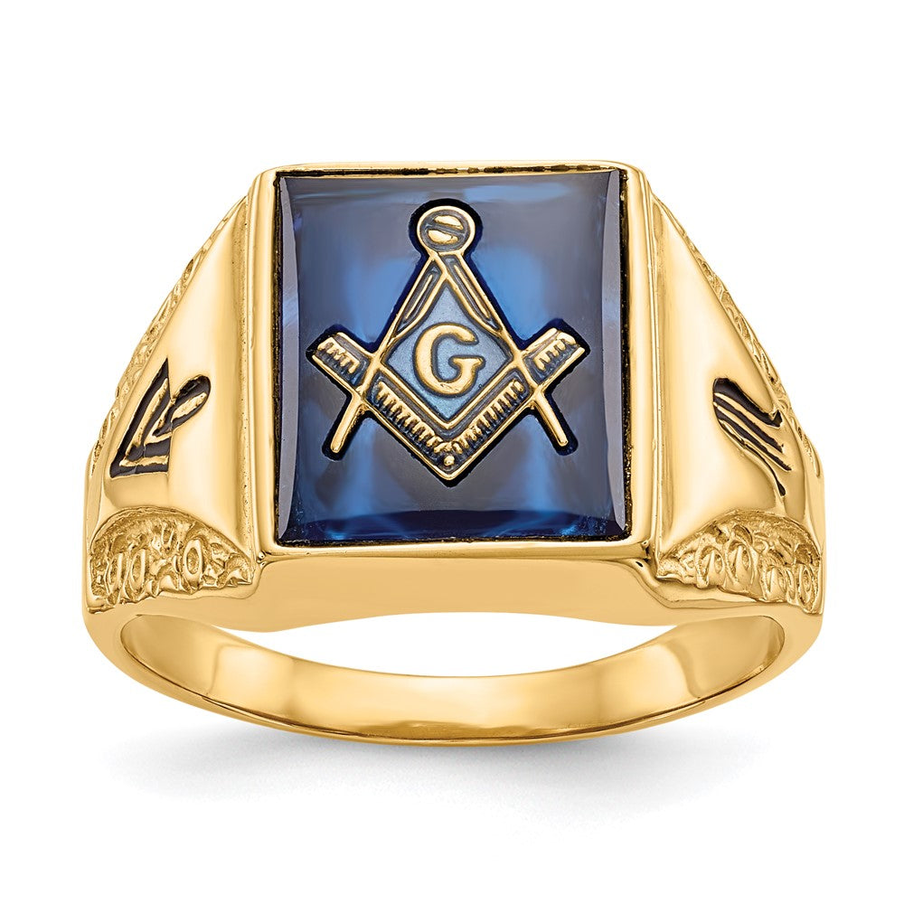 14k Men's Polished, Antiqued and Textured with Imitation Blue Spinel Masonic Ring