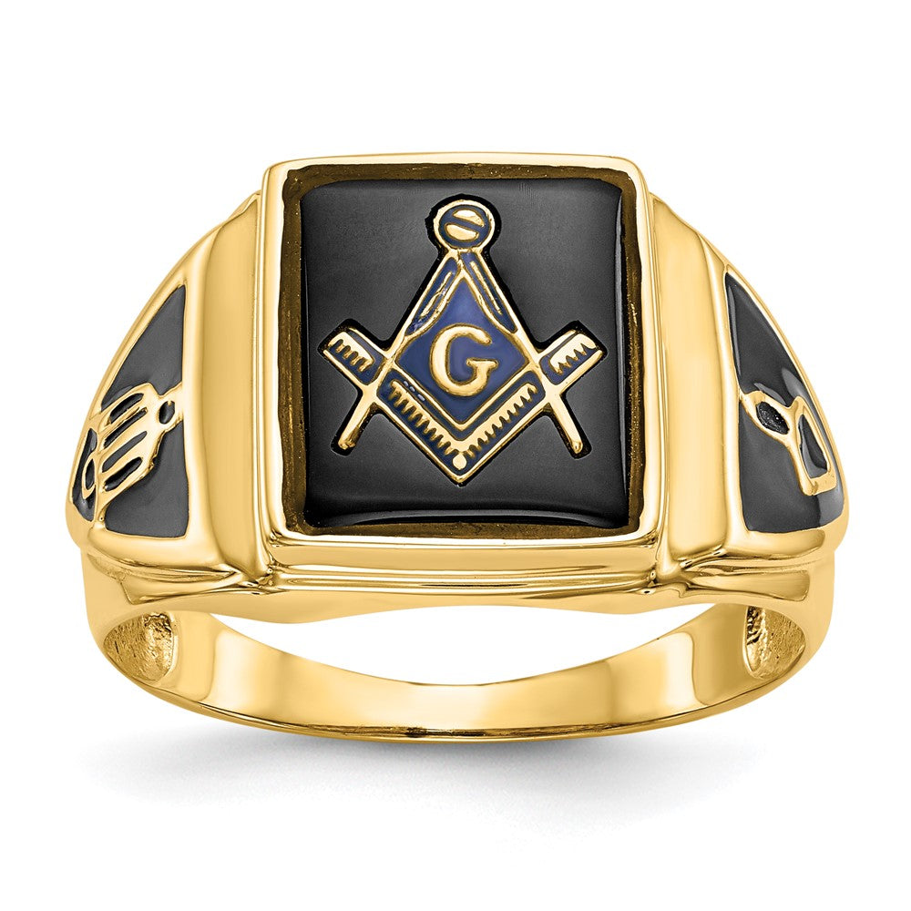 14k Men's Polished, Antiqued & Textured Onyx Masonic Ring