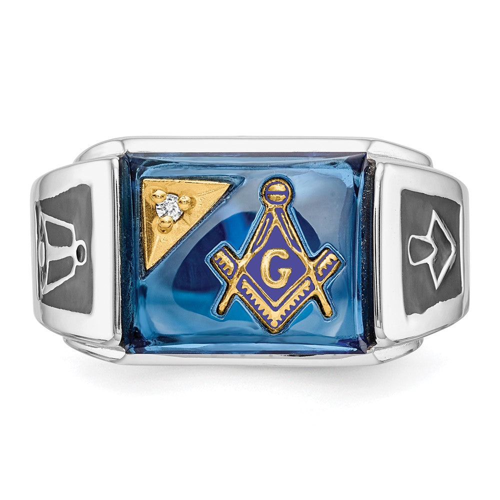 14k White Gold Men's Polished and Textured with Black Enamel, Diamond and Imitation Blue Spinel Masonic Ring