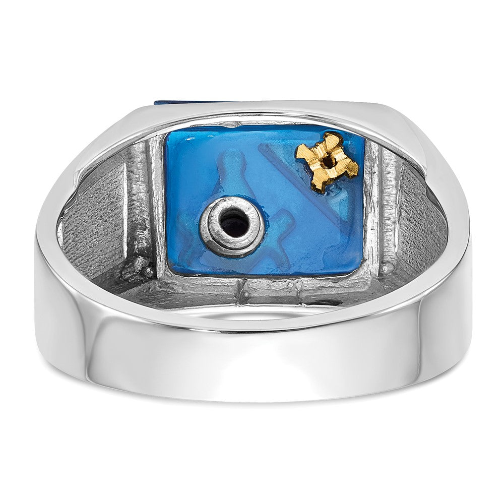 14k White Gold Men's Polished and Textured with Black Enamel, Diamond and Imitation Blue Spinel Masonic Ring