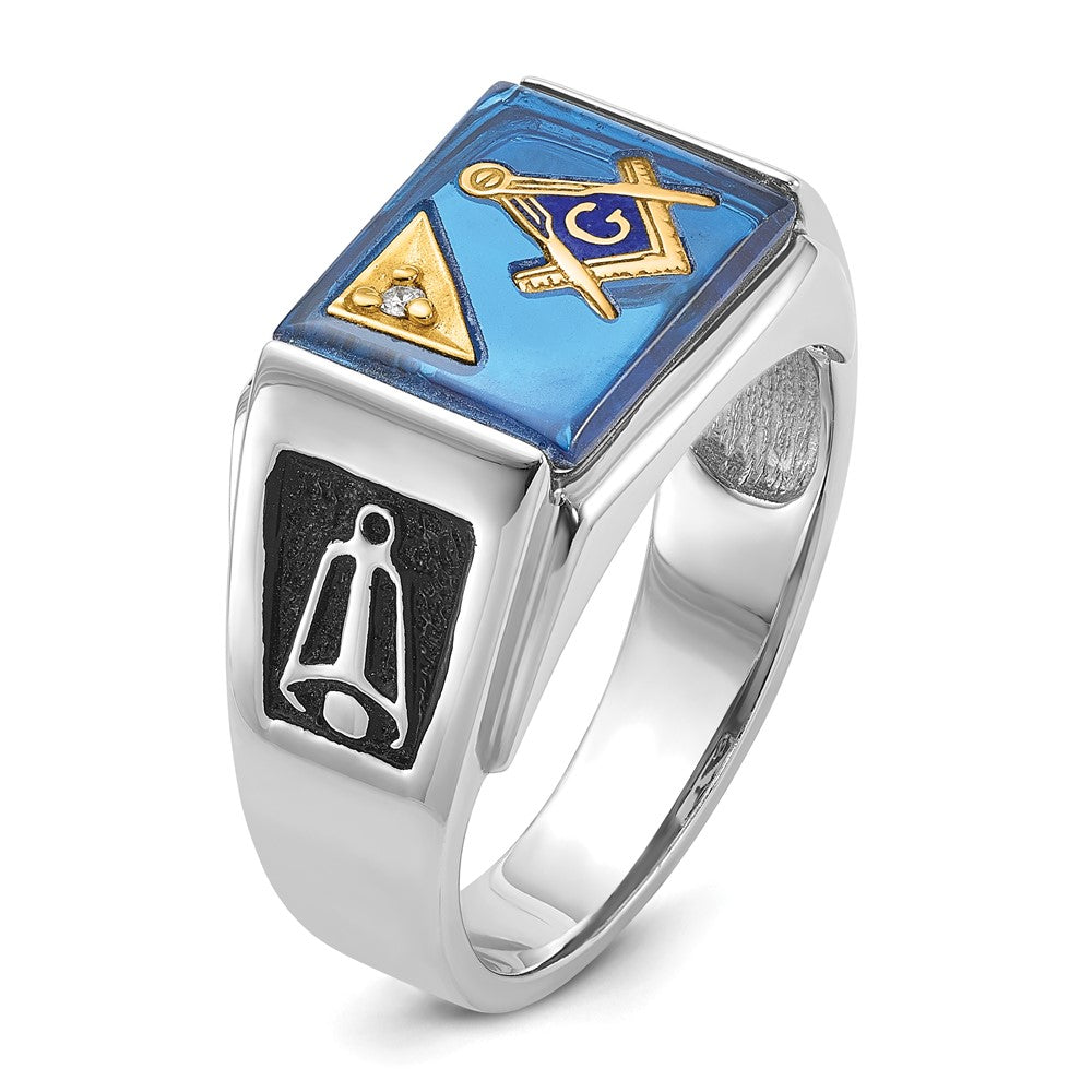 14k White Gold Men's Polished and Textured with Black Enamel, Diamond and Imitation Blue Spinel Masonic Ring