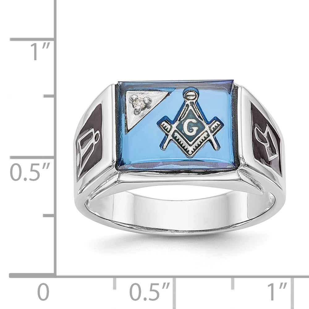 14k White Gold Men's Polished and Textured with Black Enamel, Diamond and Imitation Blue Spinel Masonic Ring