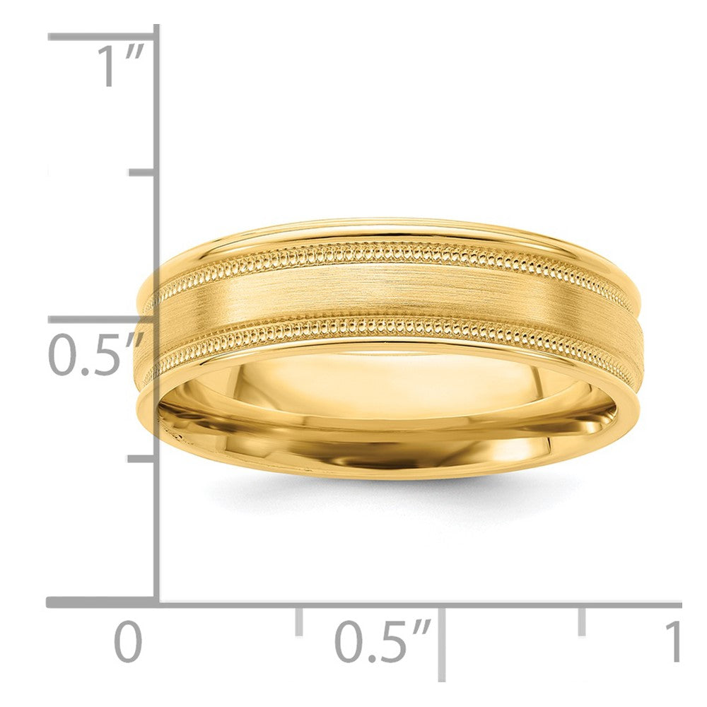 14k Yellow Gold 6mm Lightweight Comfort Fit Brushed Satin/Polished Milgrain Grooved Edge Wedding Band Size 11.5