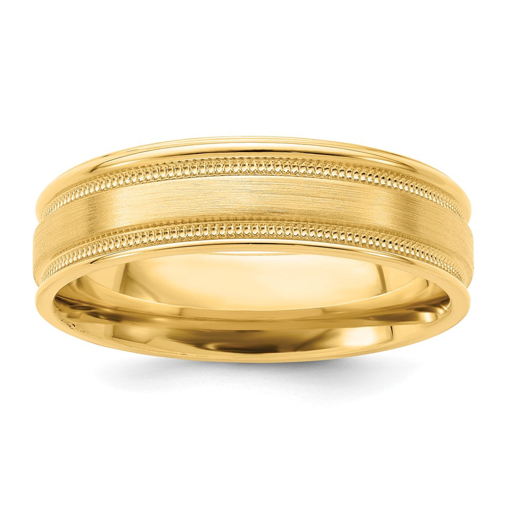 14k Yellow Gold 6mm Standard Weight Comfort Fit Brushed Satin/Polished Milgrain Grooved Edge Wedding Band Size 7.5